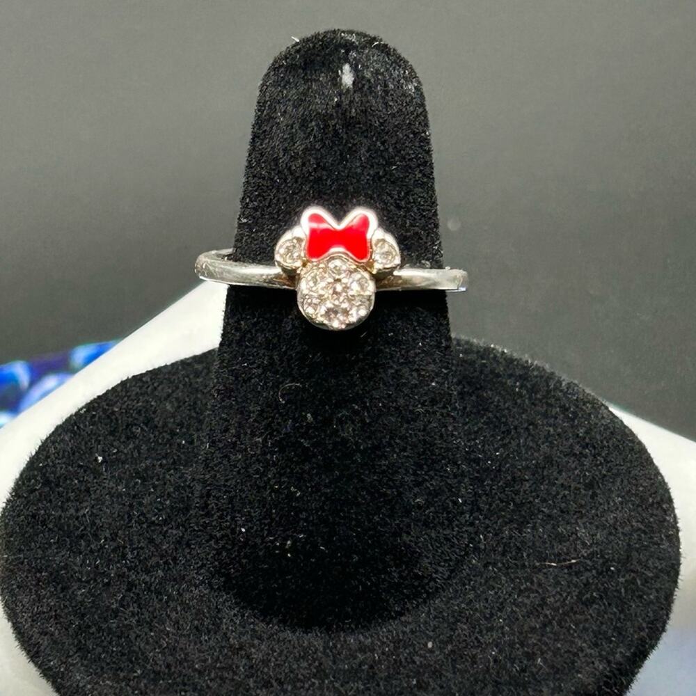 Disney Minnie Mouse Ring Rhinestone red bow silver tone size 5.5 adjustable #K26